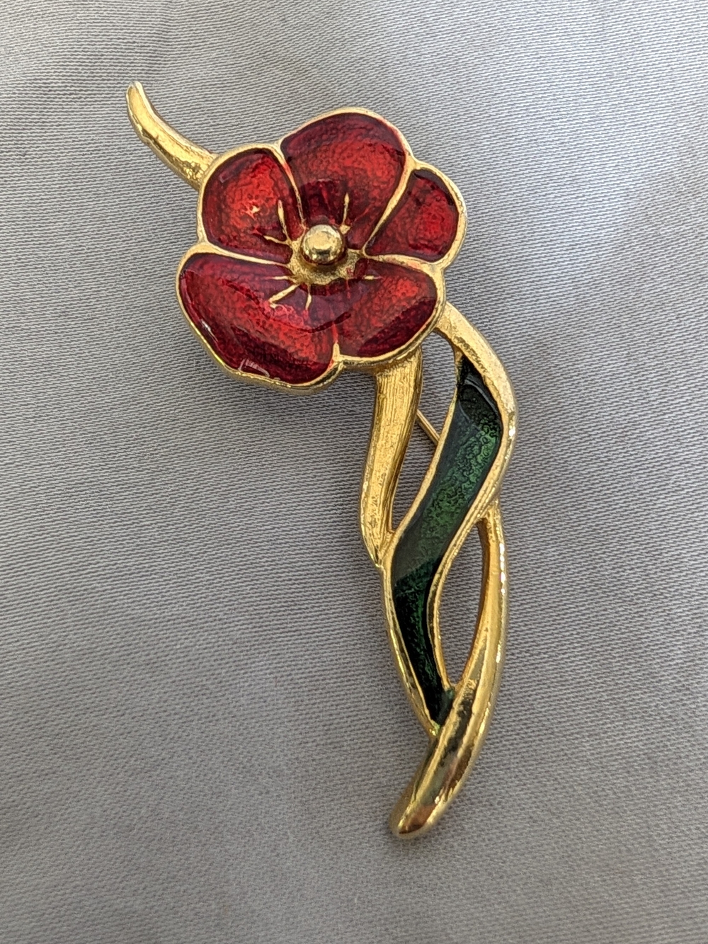 Vintage Gold-Tone Red Enamel Flower Brooch with Green MCM